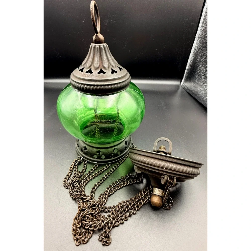 Hanging Metal Greek Sanctuary Vigil Lamp Candle Holder Green Glass Bell Jar